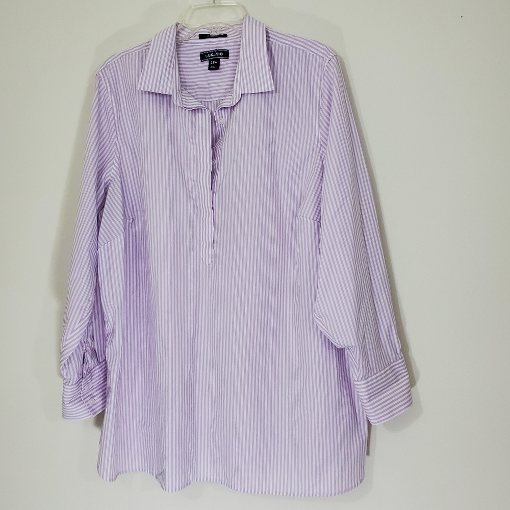 Lands End Purple and White Pullover Cotton No Iron Supima Blouse, Size 22W